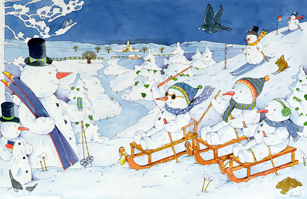 Snowmen Tobogganing von Christian  Kaempf