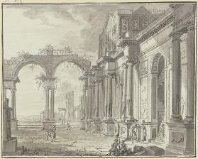 Antiker Palast, links durch zwei Bögen Ausblick auf Architektur in der Ferne, im Vordergrund drei Gr