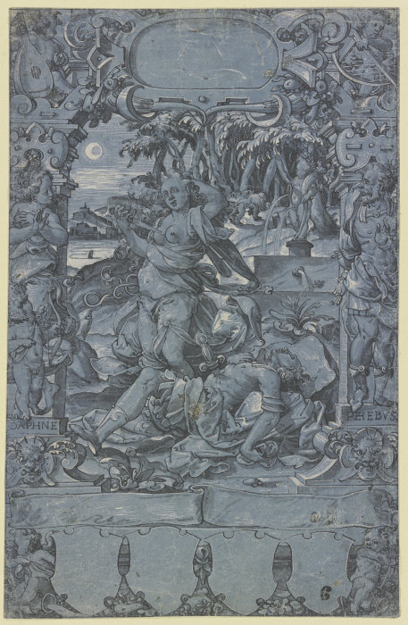 Thisbe an der Leiche des Pyramus, in der Rahmung links Daphne mit dem Amorknaben, rechts Apollo, vom von Christoph Murer
