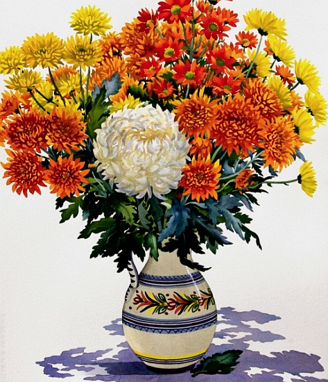 Chrysanthemums in a patterned jug von Christopher  Ryland