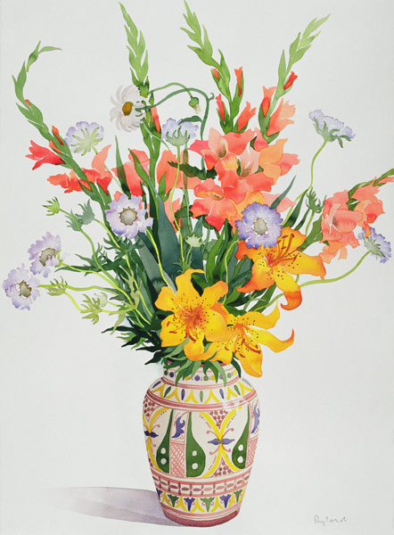 Orange and Blue Flowers in a Moroccan Vase (w/c)  von Christopher  Ryland