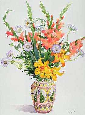 Orange and Blue Flowers in a Moroccan Vase (w/c) 