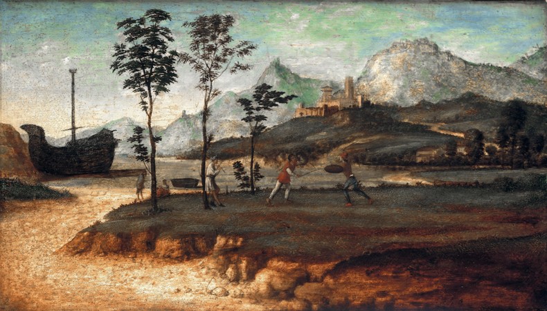 Küstenlandschaft mit zwei kämpfenden Männern von Giovanni Battista Cima da Conegliano
