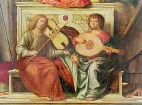 Detail of angel musicians from a painting of the Virgin and saints, 1496-99