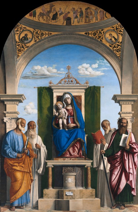 Thronende Madonna mit Kind und Heiligen Peter, Romuald, Benedikt und Paul von Giovanni Battista Cima da Conegliano