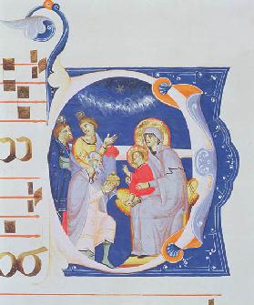 Ms 561 f.37r Historiated initial 'O' depicting the Adoration of the Magi, from a gradual from the Mo early 14th