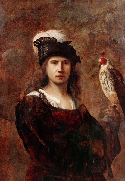 A falconer, standing half length, in a feathered hat von (circle of) Rembrandt Harmensz. van Rijn
