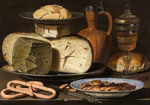 Stillleben mit Käse, Mandeln und Brezeln von Clara Peeters