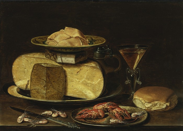 Stillleben mit Käse, Glas à la façon de Venise und Krebse auf einem Zinnteller von Clara Peeters