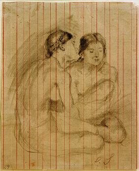 Zwei sitzende nackte Mädchen 1900