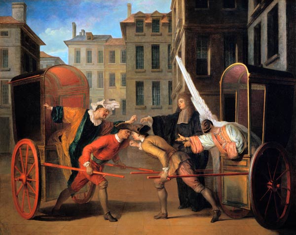 The Two Coaches, a scene added to the comedy 'The Fair at Saint-Germain' by Jean-Francois Regnard (1 von Claude Gillot