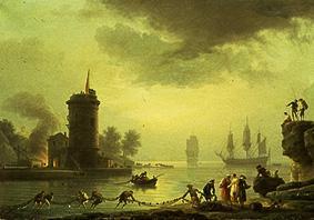 Seehafen in Abendstimmung mit Leuchtturm von Claude Joseph Vernet