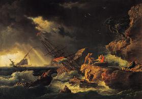 Stürmische See mit gescheitertem Segelschiff 1740-er J