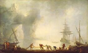 Morgennebel und Netze einholende Fischer auf Capri  Um 1745