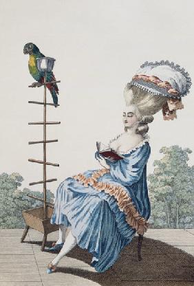 Young woman reading in a day dress with an elaborate hairstyle and bonnet, plate 20 from 'Galerie de 1778