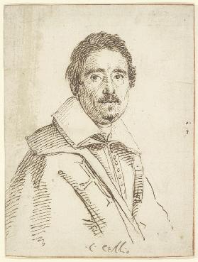 Brustbild eines Mannes mit Schnurr- und Knebelbart und umgelegtem Kragen nach rechts