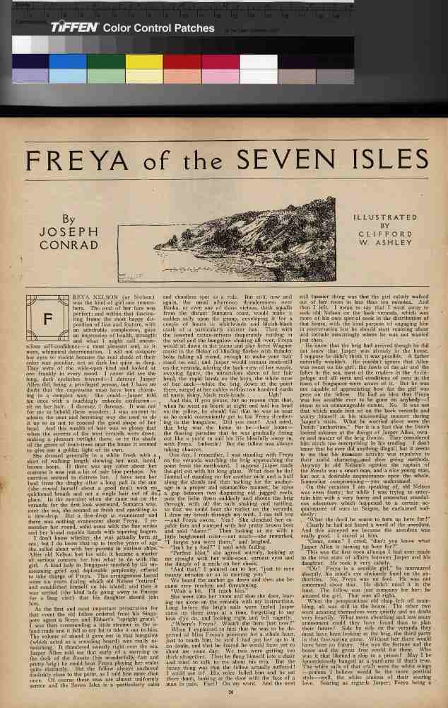 Twixt Land and Sea, Vol.35 Seite 20, Illustration für das Metropolitan Magazine Freya der Sieben Ins von Clifford Warren Ashley