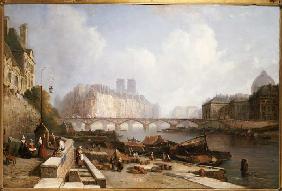 Blick auf die Ile de la Cité, vom Quai du Louvre aus, die Brücken Pont des Arts und Pont Neuf im Vor 1836