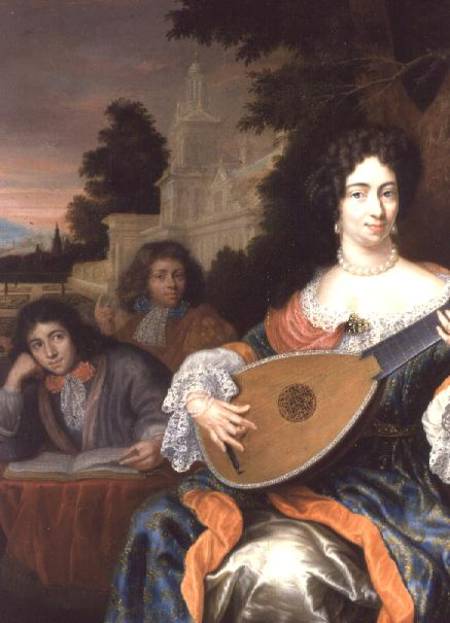 A Woman playing a Lute, with her two sons behind her von Constantin Netscher