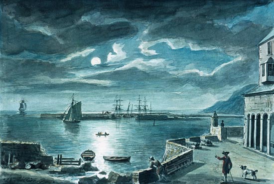 The Harbour and the Cobb, Lyme Regis, Dorset, by Moonlight von Copplestone Warre Bamfylde