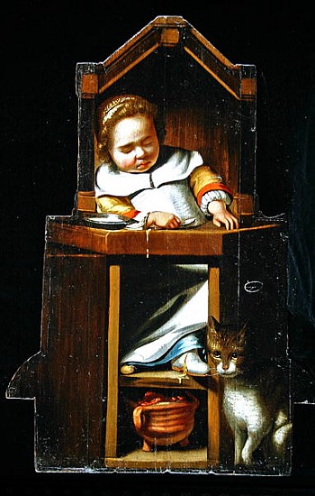 Dummy board depicting a boy asleep in a high chair von Cornelis Bisschop