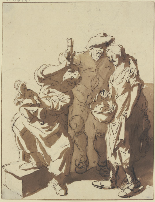 Bauer mit einem Glas zwischen zwei Frauen, die eine mit einem Kind, die andere mit einem Korb von Cornelis Dusart