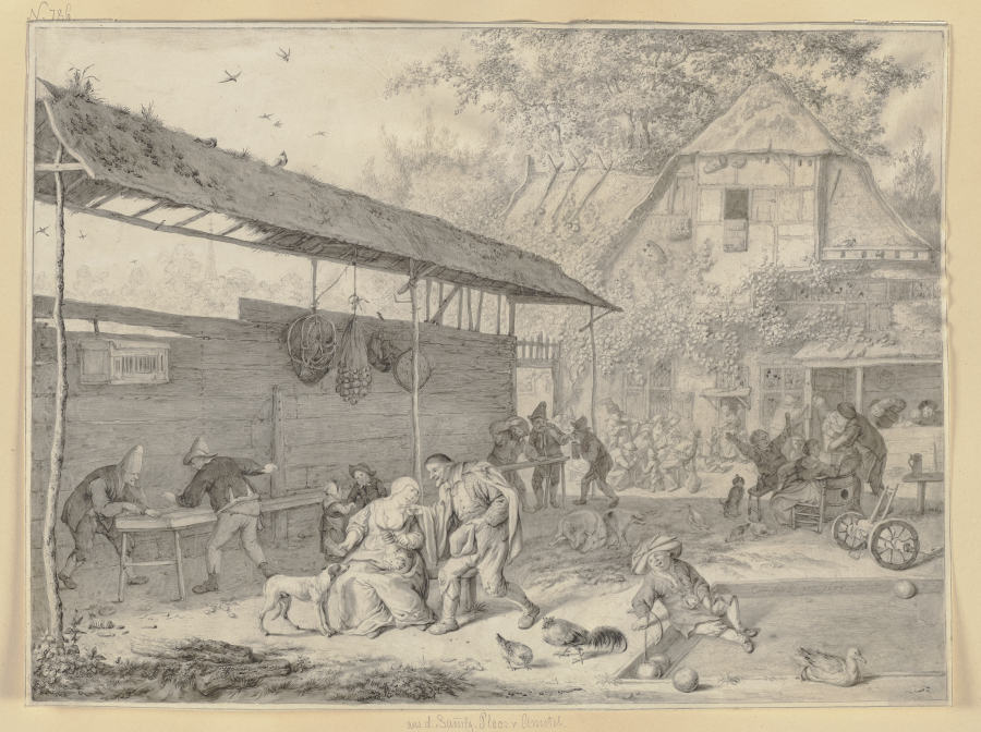 Bauernhof mit essendem, trinkendem, spielendem Volke von Cornelis Dusart