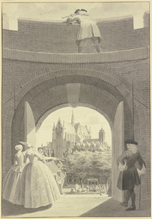 Die Hooglandse Kerk in Leiden, durch ein geöffnetes Tor in der Ringmauer der Burcht van Leiden geseh von Cornelis Pronk