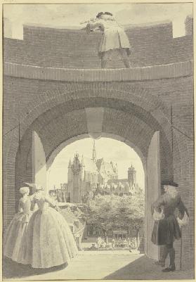 Die Hooglandse Kerk in Leiden, durch ein geöffnetes Tor in der Ringmauer der Burcht van Leiden geseh