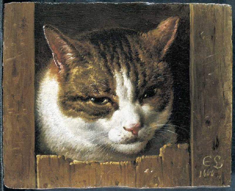 Eine Katze guckt durch einen Zaun von Cornelis Saftleven