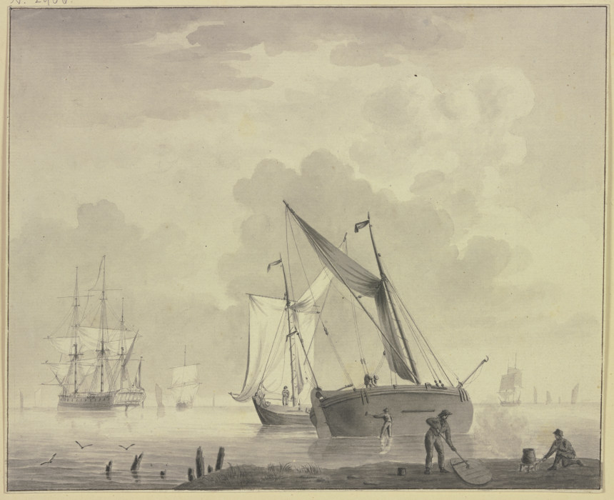 Ruhige See mit Schiffen, vorne rechts sind Matrosen mit dem Teeren eines Schiffes beschäftigt von Cornelis Thim