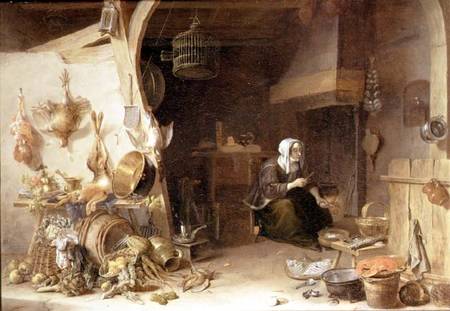 A Kitchen Interior with a Servant Girl Surrounded by Utensils, Vegetables and a Lobster on a Plate von Cornelis van Lelienbergh