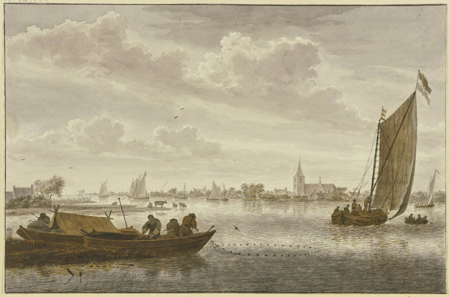 Ein Fluss, belebt mit Schiffen und Schiffern, dabei ein Städtchen von Cornelis van Noorde