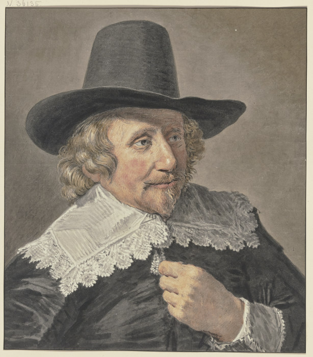 Junger Mann mit kurzem Barte, den Hut auf dem Kopfe, die Hand auf der Brust, nach rechts von Cornelis van Noorde