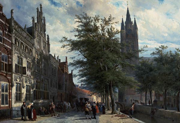 The Gemeenlandshuis and the Old Church, Delft, Summer. von Cornelius Springer