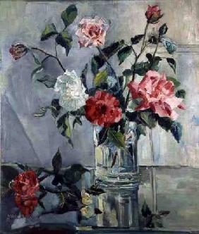 Roses on a Ledge in a Glass Vase c.1922