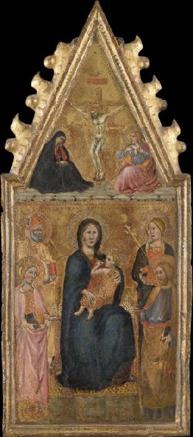 Thronende Madonna mit Kind und vier Heiligen, darüber Kreuzigung mit Maria und Johannes Ev.