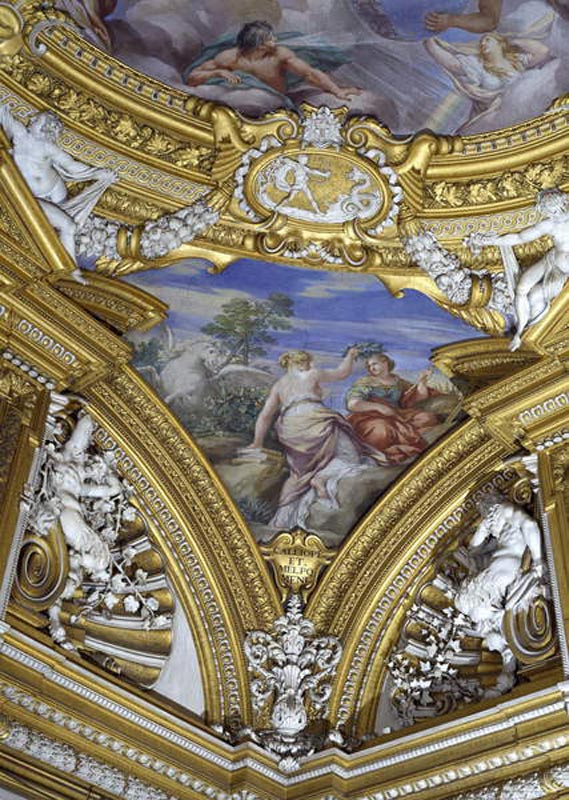 The 'Sala di Apollo' (Hall of Apollo) detail of pendentive depicting the muses Calliope and Melpomen von Pietro  da Cortona,