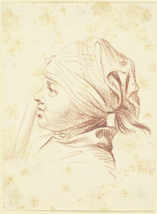 Kopf eines jungen Mannes mit Kopftuch, einen Stab an den Mund haltend, im Profil nach von Daniel Chodowiecki