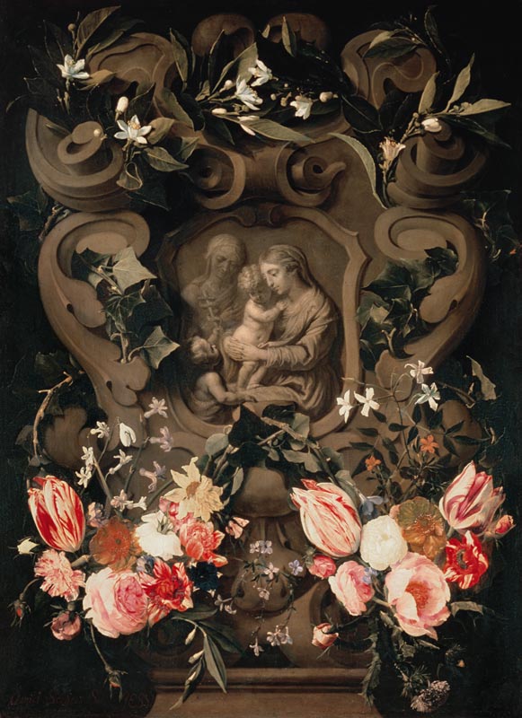 Madonna und Kind, Heilige Elisabeth und Johannesknabe im Blumenkranz von Daniel Seghers
