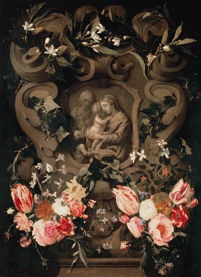 Madonna und Kind, Heilige Elisabeth und Johannesknabe im Blumenkranz