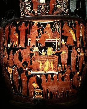 Apulian red-figure volute crater, detail of the sacrifice of Trojan prisoners by Achilles at the fun 04th-