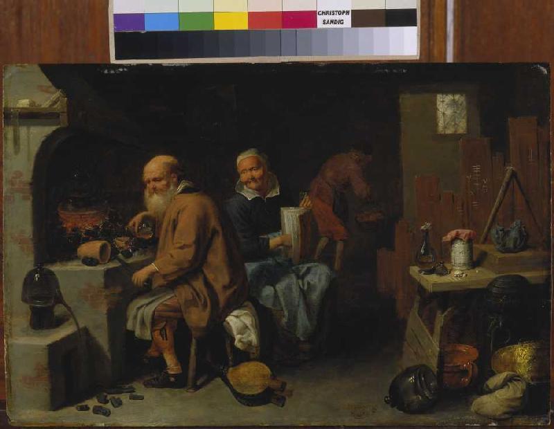 Alchimist mit seiner Frau in der Werkstatt. von David Ryckaert III.