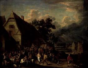 Grosse Dorfkirmes mit tanzendem Paar 1663