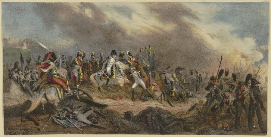 Napoleon mit seinem Hut über ein Schlachtfeld reitend von Denis Auguste Marie Raffet