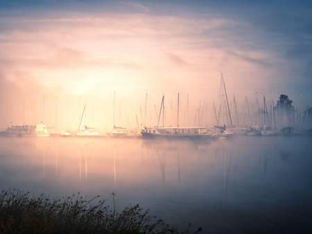 Hafen Cospudener See bei Sonnenaufgang im Nebel 2023