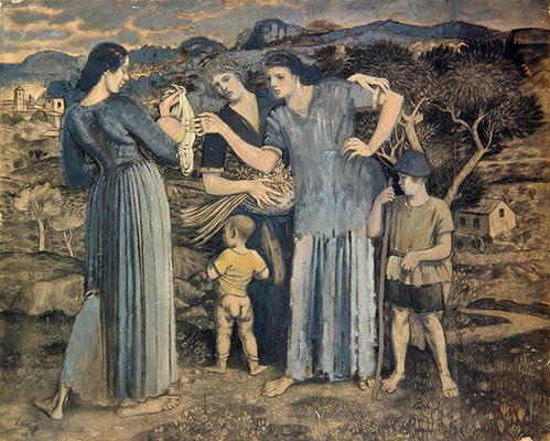 Mothers and Children in Landscape, 1914 (charcoal & oil on paper adhered to canvas) von Derwent Lees