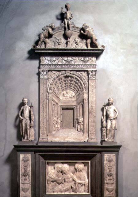 Tabernacle with an architectural trompe l'oeil panel, angel candelabra and a Pieta von Desiderio  da Settignano