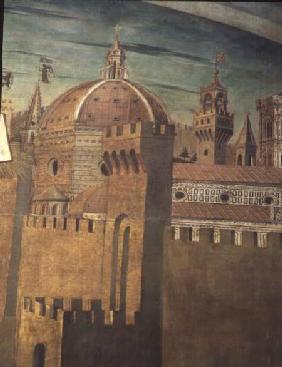 Detail depicting Florence Cathedral, from a fresco of Dante with the 'Divinia Commedia' in the north 1465