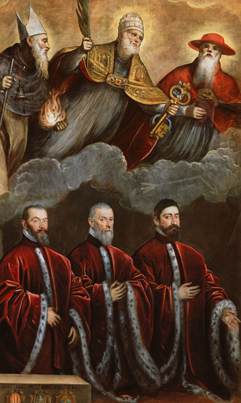Saint Jerome, Saint Peter and Saint Anthony above a portrait of three lawyers von Domenico Tintoretto